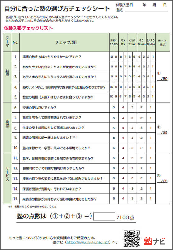 自分に合った塾の選び方チェックシート